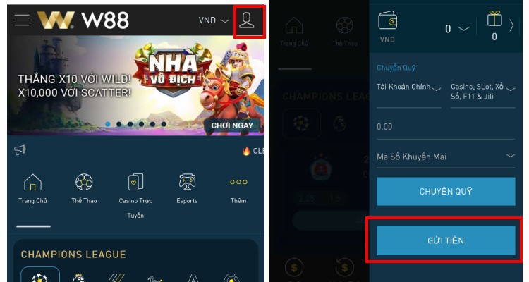 chọn gửi tiền W88