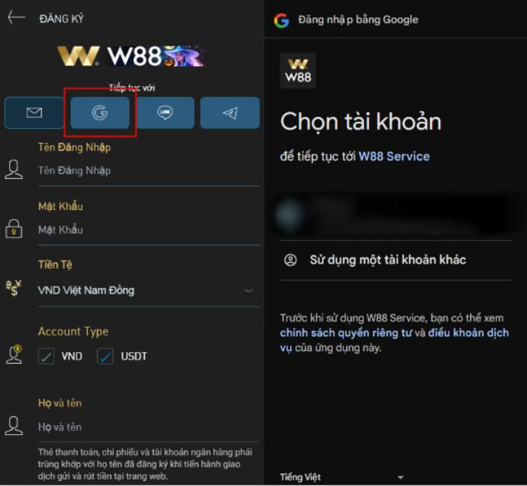 đăng ký tài khoản W88 bằng Gmail